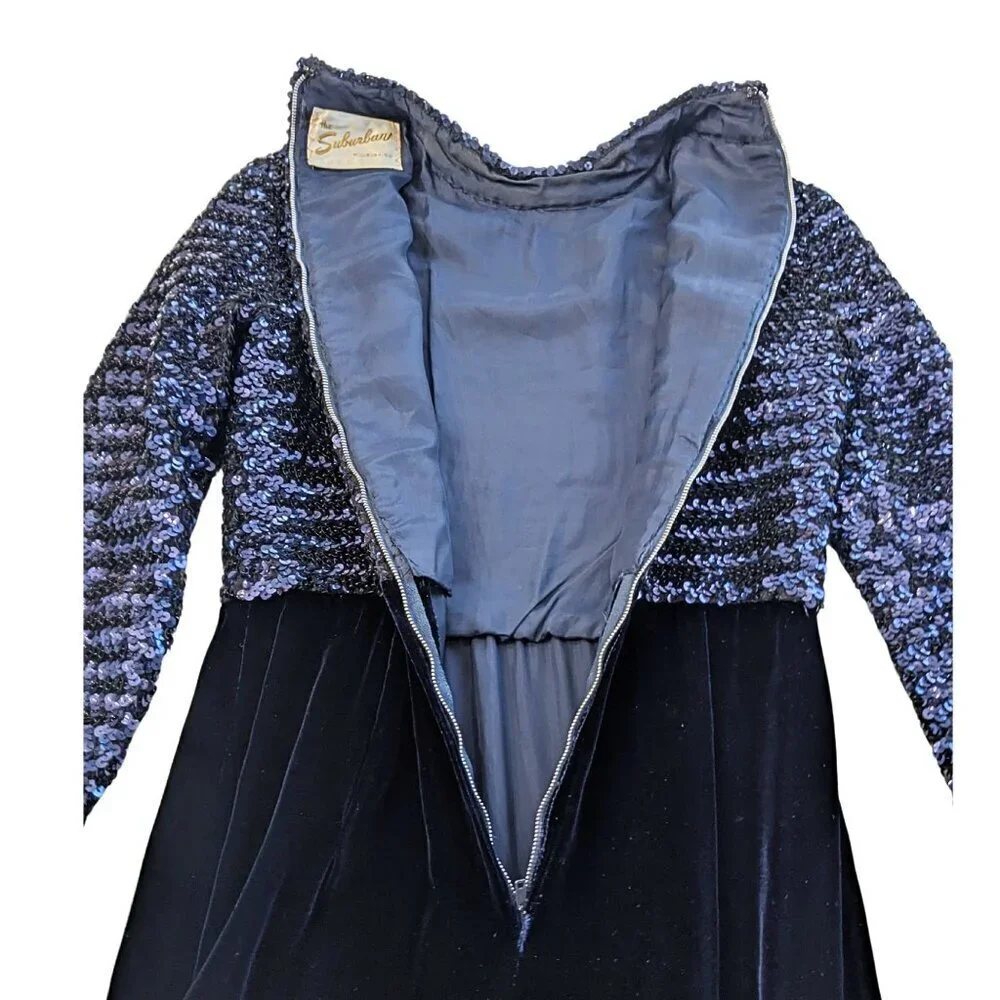 Vintage 60s Country Miss THE SUBURBAN Blue Sequin Velvet Blocked Evening Dress S
